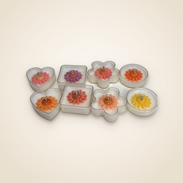 DH-17: Eight flower tea lights in heart, square, flower and round plastic cups.